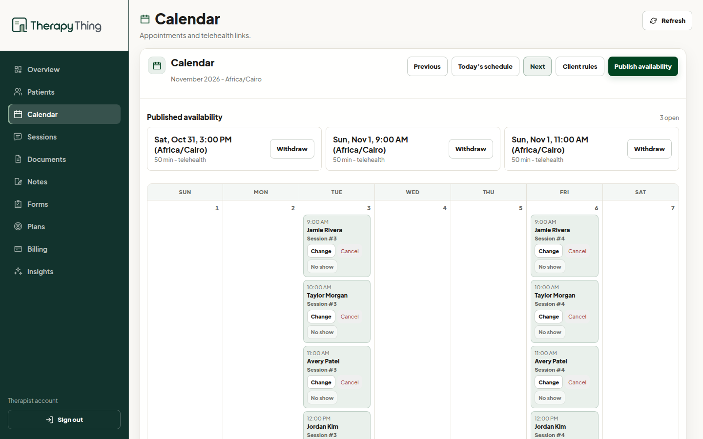 Therapy Thing calendar with scheduled sessions and published availability